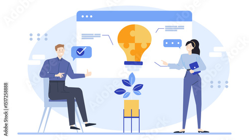 Man and woman solving a light bulb puzzle. Suitable for showing problem-solving, teamwork, brainstorming, or innovation concepts in business settings.