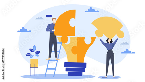 Conceptual photo of two individuals assembling lightbulb shaped puzzle symbolizing teamwork, problem-solving, collaboration, innovation. Suitable for business, creativity, teambuilding concepts.