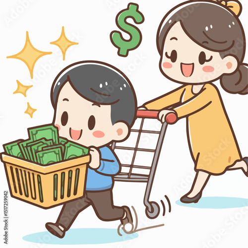 cartoon vector illustration of person pushing money market basket
