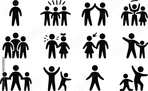 Vector illustration set of simple black and white people icons representing different group interactions