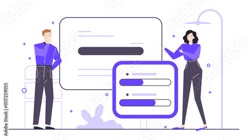 Two people observing a progress bar, suitable for technology, collaboration, teamwork, productivity, software development, project management concepts.