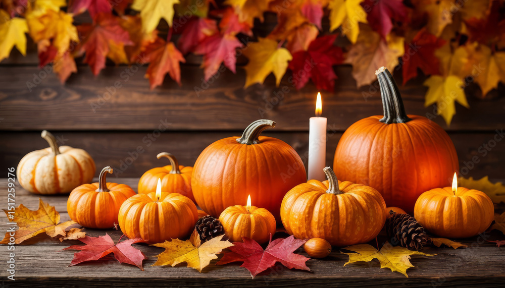 Pumpkins with candles and autumn leaves in a cozy rustic setting for Halloween Pumpkins with candles and autumn leaves in a cozy rustic setting for Halloween