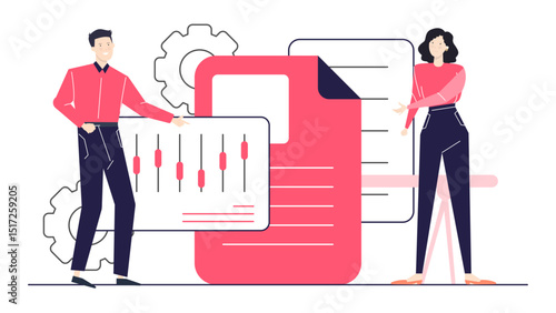Two people next to a large pink file with a volume control graphic. Suitable for music events or digital communication concepts.