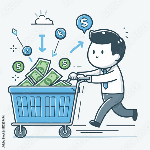 cartoon vector illustration of person pushing money market basket