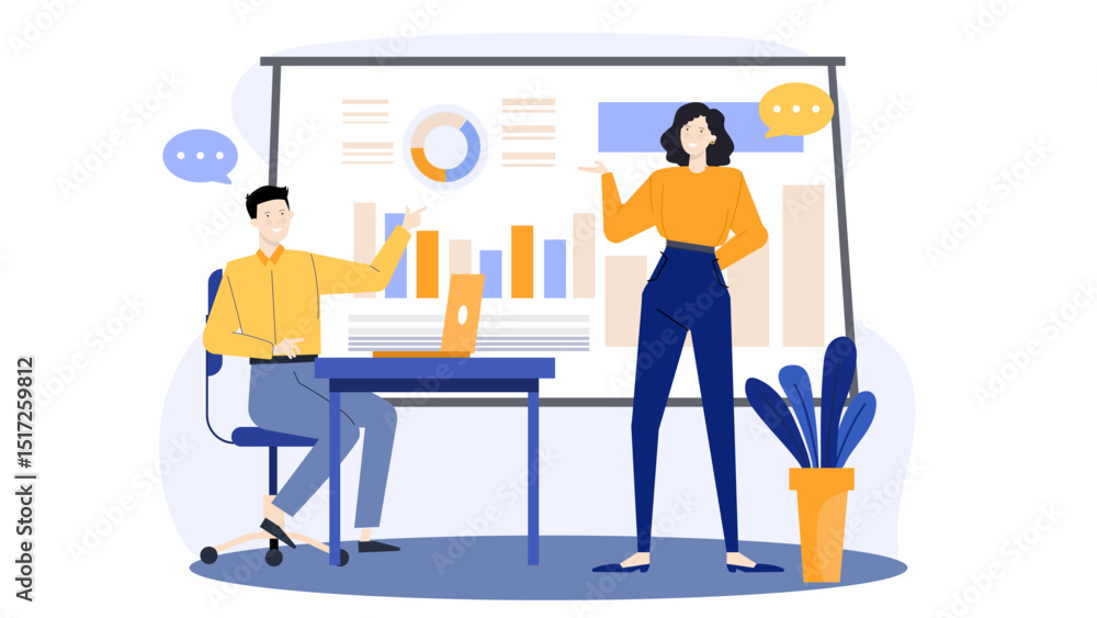 Two professionals discussing in front of charts on a whiteboard. Suitable for business, presentation, teamwork, planning, strategy concepts. Two professionals discussing in front of charts on a whiteboard. Suitable for business, presentation, teamwork, planning, strategy concepts.