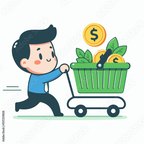 cartoon vector illustration of person pushing money market basket