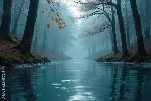 Wallpaper Mural Misty Forest River with Autumn Leaves Reflections
 Torontodigital.ca