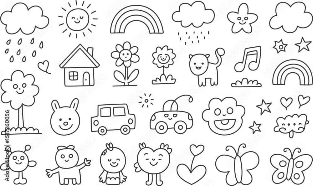 Obraz premium Cute hand drawn vector illustrations of nature objects characters and symbols for children's designs