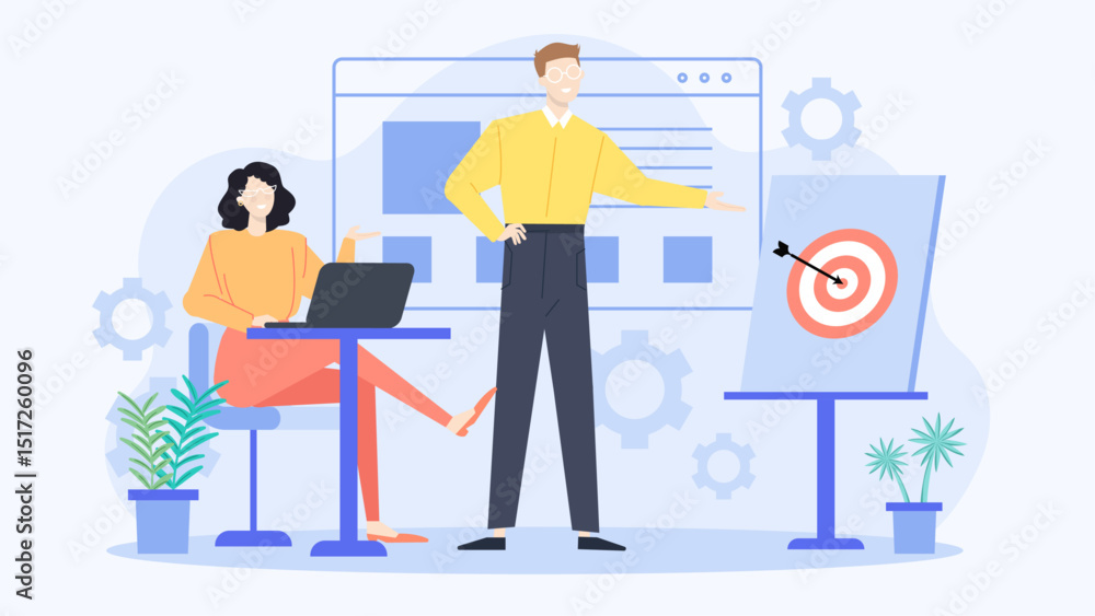 Obraz premium Two people discussing business goals near a target. Suitable for illustrating teamwork, strategy, planning, and goalsetting concepts in presentations.