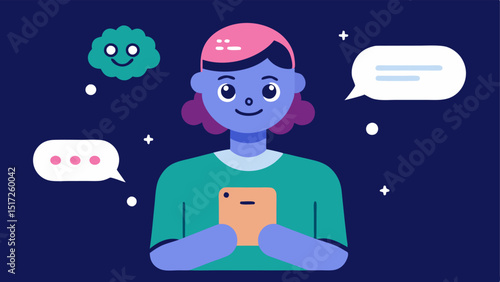AI Chatbot Interaction An illustration of a user texting with an AI chatbot on their phone with speech bubbles showing supportive responses and mental health tips.