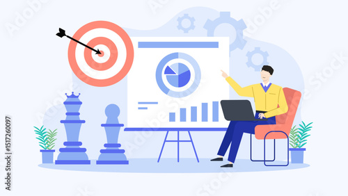 Man multitasking on laptop and presentation. Business, technology, work from home, online meetings, webinars, remote work, office environment concepts.