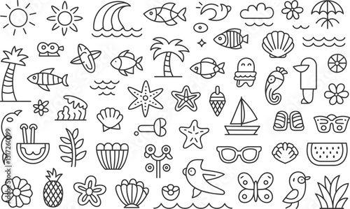 A whimsical collection of hand drawn summer icons representing beach life vacation and holiday themes