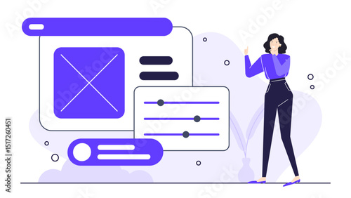 Woman pointing at a purple website design. Suitable for web development, digital marketing, ecommerce, technology presentations, and online advertising campaigns.