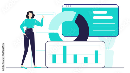 Woman gives a thumbs up next to a chart and pie graph. Suitable for business presentations, success concepts, data analysis graphics.