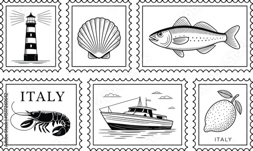 Vector illustration of six postage stamps featuring italian landmarks and seafood elements in black and white
