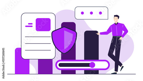 Purple shield with man in purple shirt, suitable for superhero or fantasy themed projects, illustrating protection and strength concept.
