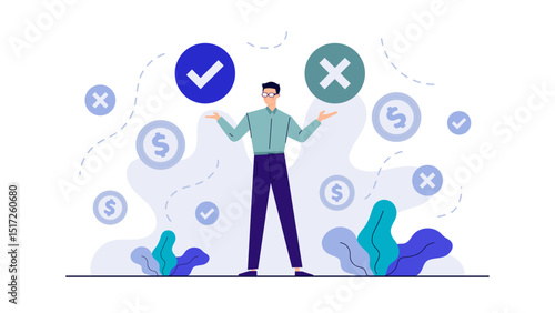 Man wearing glasses chooses between a checkmark and a cross, contemplating decision-making, selection, choices, dilemmas, options, preferences, and uncertainty.