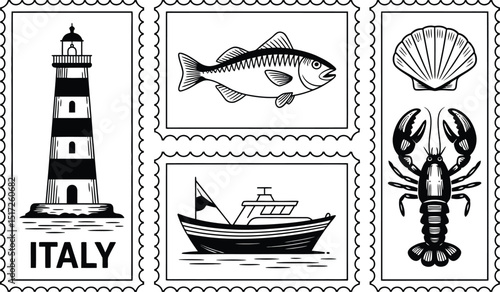 Black and white italian themed illustration featuring lighthouse fish fishing boat scallop and lobster stamp designs