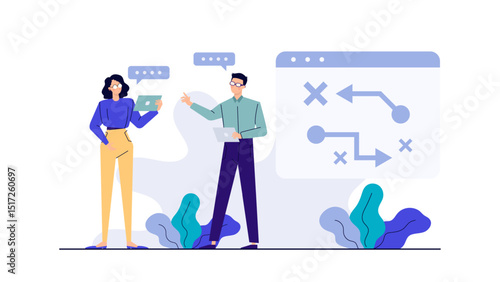 Man and woman strategizing on a whiteboard. Ideal for business presentations, teamwork, office brainstorming sessions, project planning visuals.