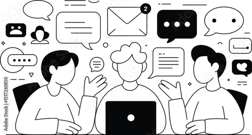 Illustration of three individuals collaborating and communicating digitally in a modern online environment