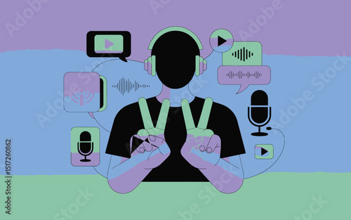 Vector illustration of a person podcasting or recording with audio elements and victory signs