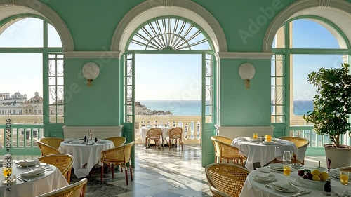 Elegant seaside restaurant interior with stunning ocean view and bright turquoise walls and light decor