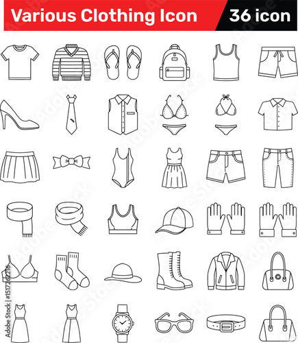 Collection of thirty six outlined clothing icons suitable for fashion or retail related projects
