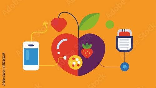 Heart Health An illustration of a heart made of fruits and vegetables connected to a device showing biomarker readings like cholesterol and sugar.