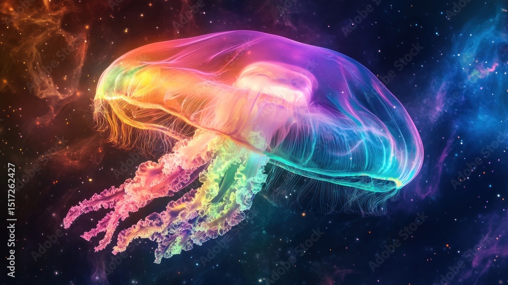 Naklejka premium Iridescent Jellyfish in Cosmic Nebula, Vibrant Colors
