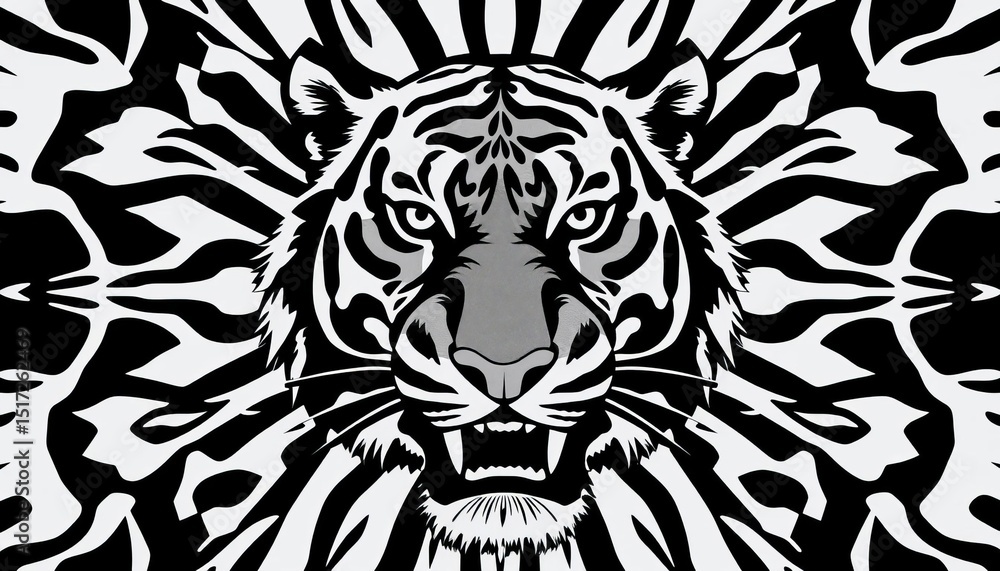 Fototapeta premium Bold symmetrical tiger head in striking black and white repeating pattern, surface, repeat