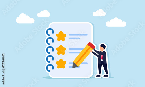 Businessman writing with pencil on document featuring star icons representing business quality improvement notes