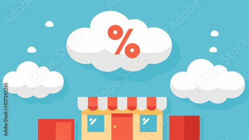 Clouds with Percent Signs Large fluffy clouds hover over a quaint storefront with bright percent signs bursting from them like rain. Shoppers below are gazing up in amazement.