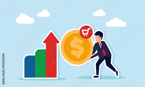 Businessman standing beside graph holding dollar coin with chart icon representing increased business spending