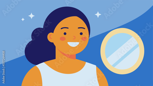 Glow and Confidence A joyful person looking into a mirror with a smile admiring their rejuvenated skin after a series of light therapy sessions.