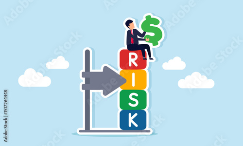 Businessman sitting on risk indicator block holding dollar sign illustration of risk calculation in managing business financial investment