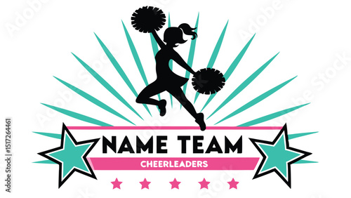 Cheerleader Silhouette Jumps in Celebration, with Stars and Team Name, for a spirited sports graphic.