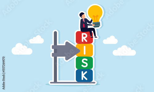 Businessman sitting on risk indicator block holding lamp illustration of risk calculation in applying business ideas