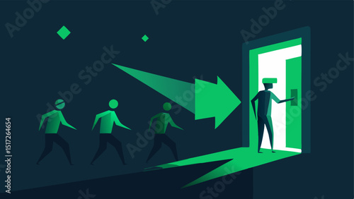 A luminous green arrow glows brightly directing attention to an open door with shoppers animatedly entering their figures depicted in motion blur.
