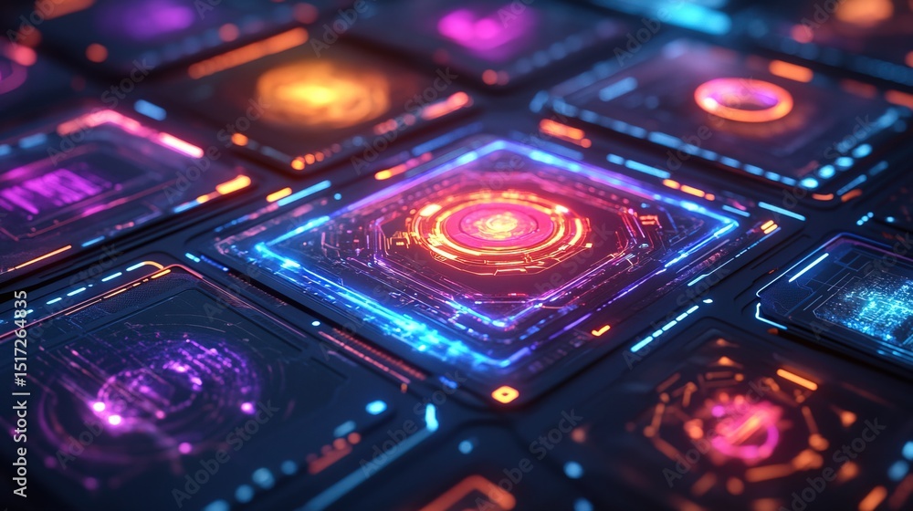 A sci-fi themed card game with AI opponents and neon-lit cards A sci-fi themed card game with AI opponents and neon-lit cards