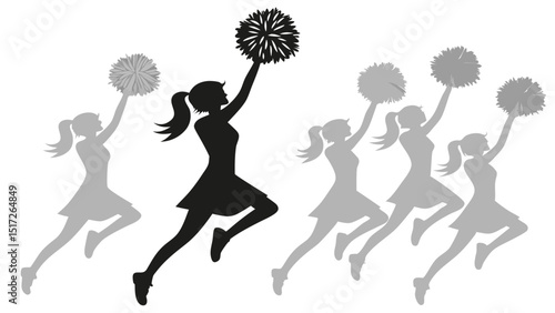 Cheerleader Silhouette Jumps High with Pom-Poms, expressing energy and spirit in a vector image, highlighting leadership concept