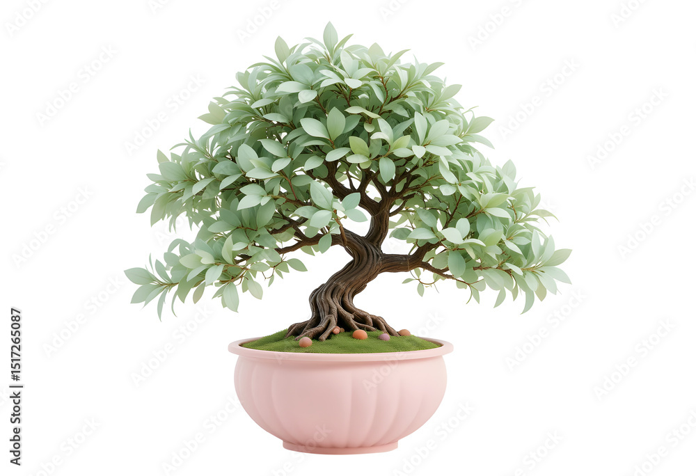 Obraz premium Miniature Bonsai Tree in Pink Ceramic Pot Isolated on White Background