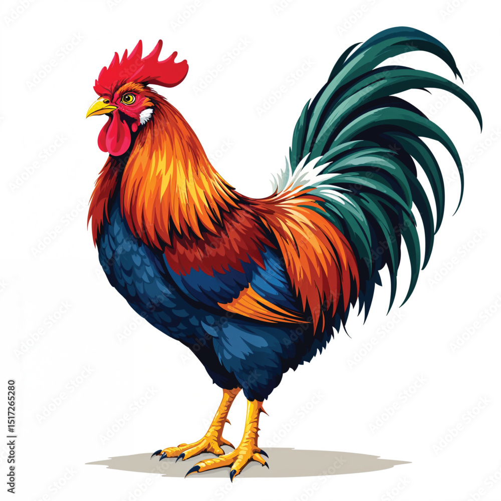 Colorful rooster with vibrant plumage isolated on white background, a proud farm animal Colorful rooster with vibrant plumage isolated on white background, a proud farm animal