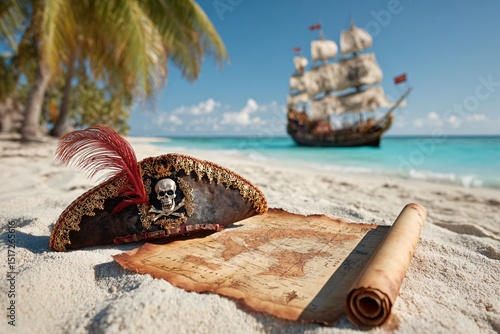 Fototapeta Naklejka Na Ścianę i Meble -  Pirate Hat and Treasure Map on Tropical Beach with Ship in Background