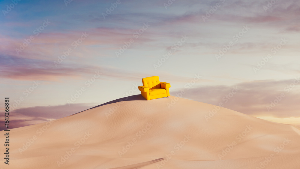 © Marcos Osorio/Stocksy - Lonely armchair rests on a warm desert dune under a twilight sky