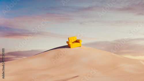 Lonely armchair rests on a warm desert dune under a twilight sky