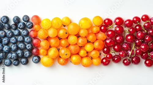 Colorful assortment of small fruits arranged in horizontal rows.