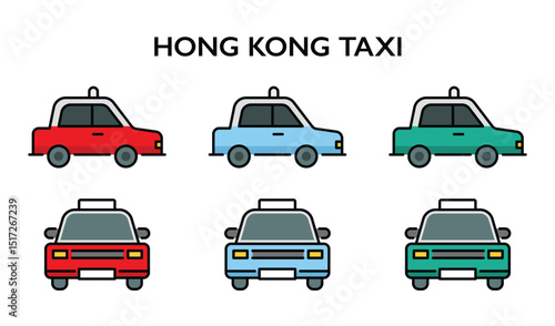 Hong Kong taxi flat icon bundle featuring side and front views in three distinct colors – red, blue, and green, representing different regions, accurately depicting the city's iconic urban transport.