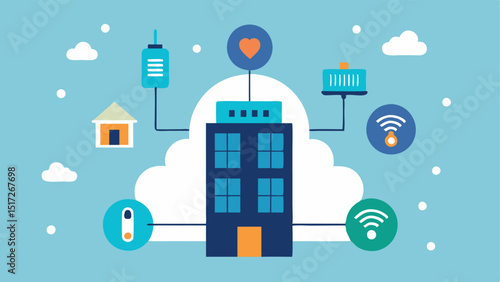 IoT Sensors in Action An illustration of various IoT sensors p around a smart building temperature humidity motion displaying data being transmitted to a central hub.