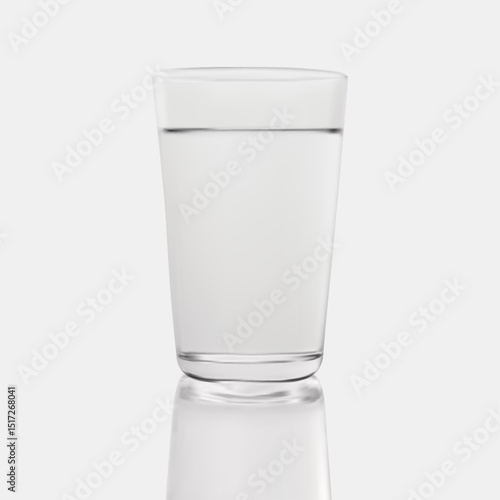 3d full water glass with reflection isolated on a grey background. Realistic water glass