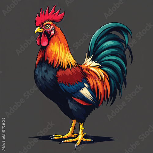 Colorful rooster with vibrant plumage isolated on white background, a proud farm animal
